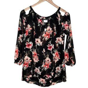 White House Black Market floral inger cold shoulder chiffon blouse size XS New